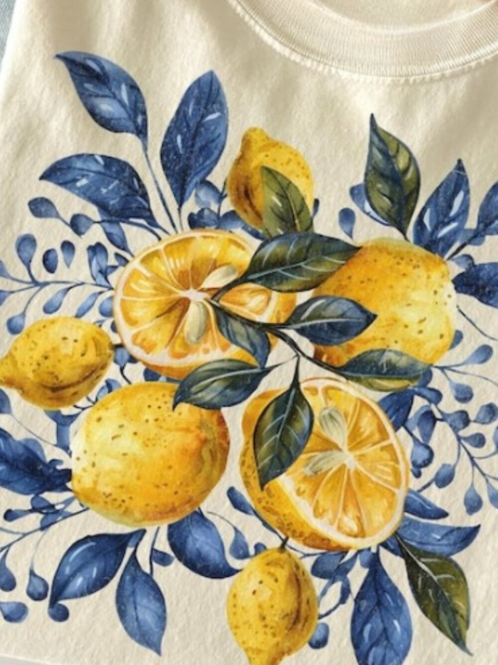 Blue Toile Citrus Botanical Shirt, Cottagecore Nature Shirt - Picture 2 of 3